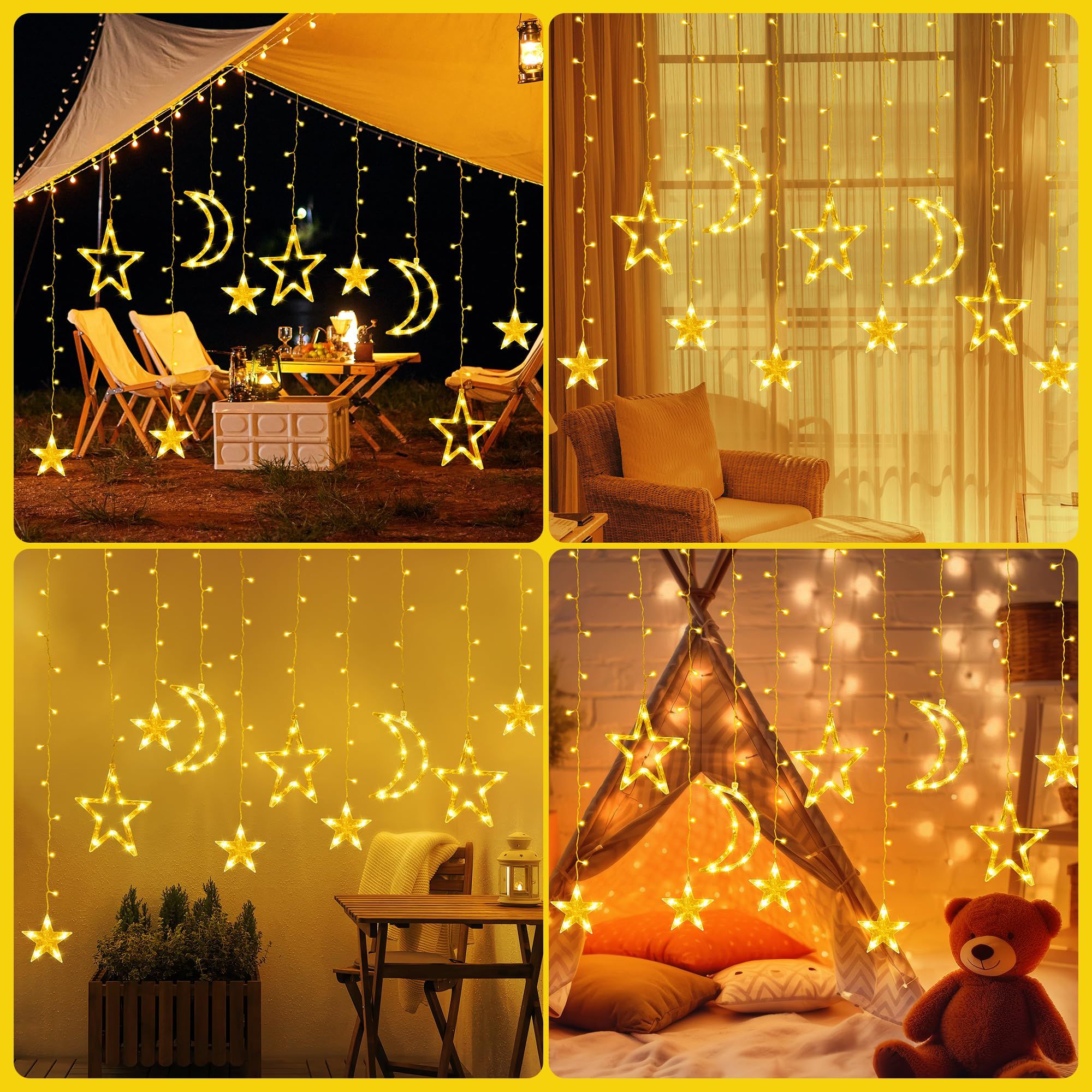 Solar Curtain Lights 138*LEDs, Star Moon Ramadan String Lights with 8 Lighting Mode, Waterproof Solar Powered Twinkle Hanging โ image 5
