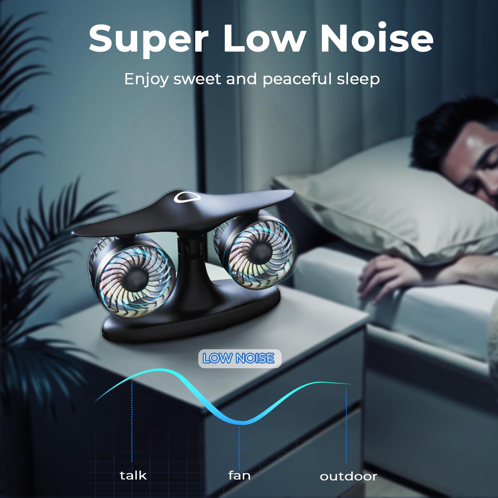 Dual Turbine Desk Fan with Aircraft Design – Wireless, Quiet, 3-Speed Touch Control for Home, Office, Bedroom, Portable Cooling (Black) — image 4