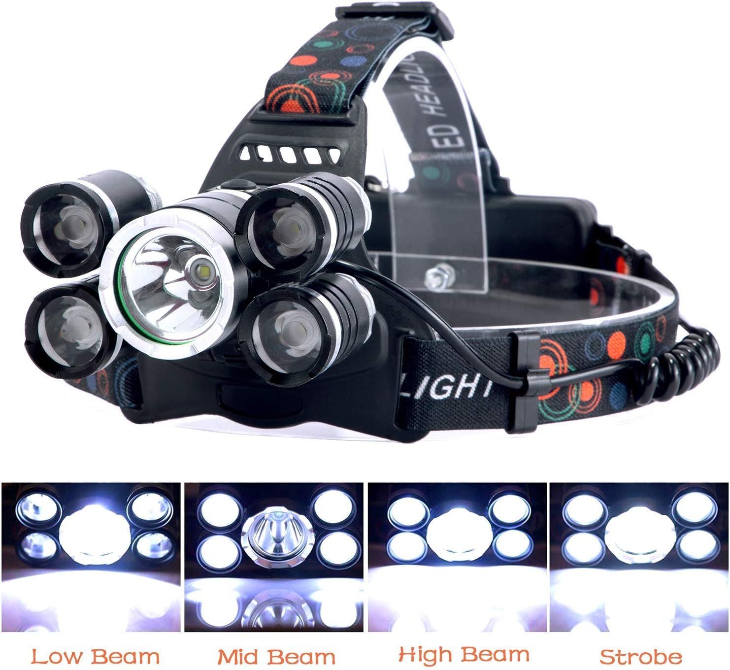 LED Headlamp Flashlight, 4 Modes Adjustable Zoomable Focusing Headlight, Ultra Bright 5 Head Light with Rechargeable Batteries, IPX-5 Waterproof for Night — image 2