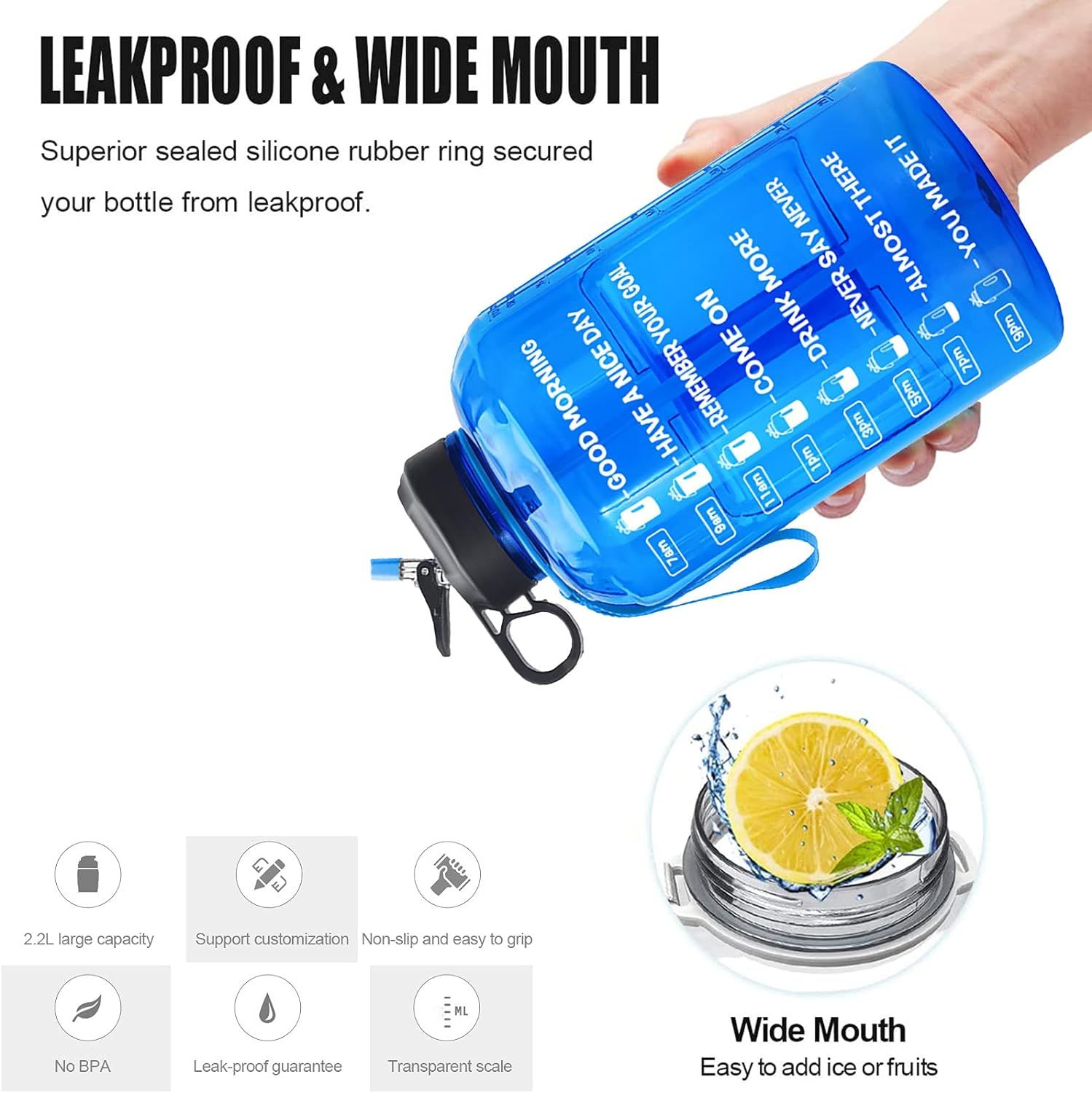 64 oz/Half Gallon Motivational Water BottleLeakproof BPA Free Sports Water Jug with Time Marker to Ensure You Drink Enough Water — image 3