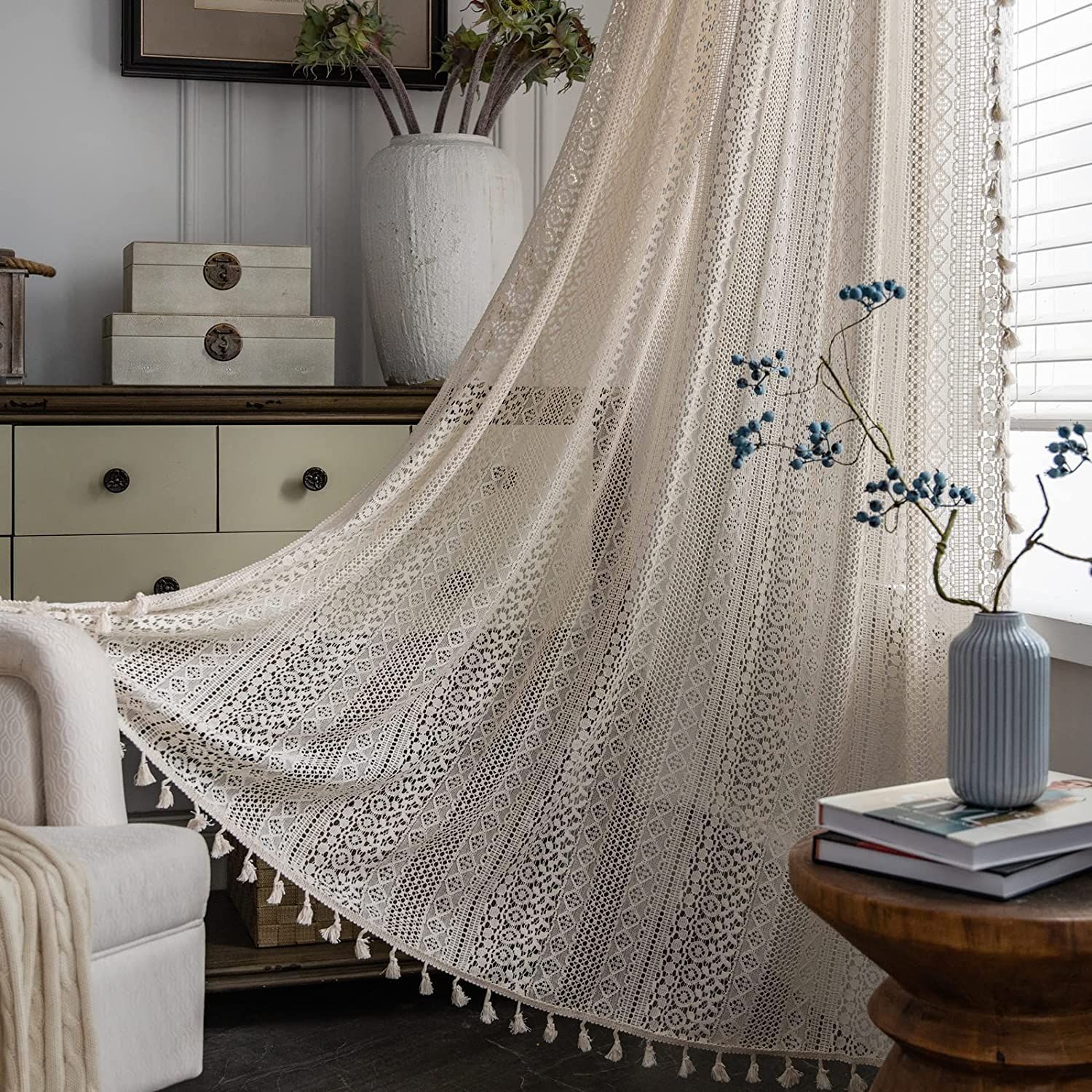 Curtains Crochet Lace Semi-Sheer Bohemian Hollow Knitted Handmade Tassels, Rod Pocket Window Treatment Vintage Rustic Farmhouse