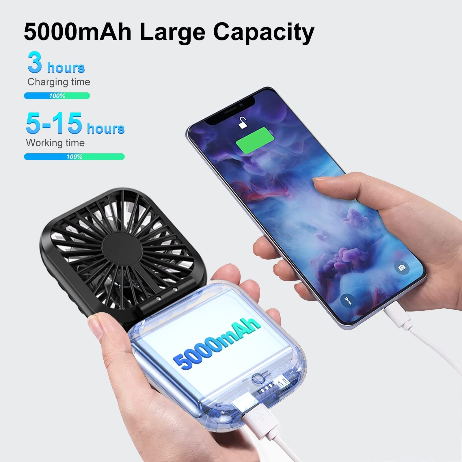Handheld Fan，Power Bank Battery Operated Mini Desk Fan, Portable Rechargeable Fan with 3 Speeds, 9-15 Hours (Black)