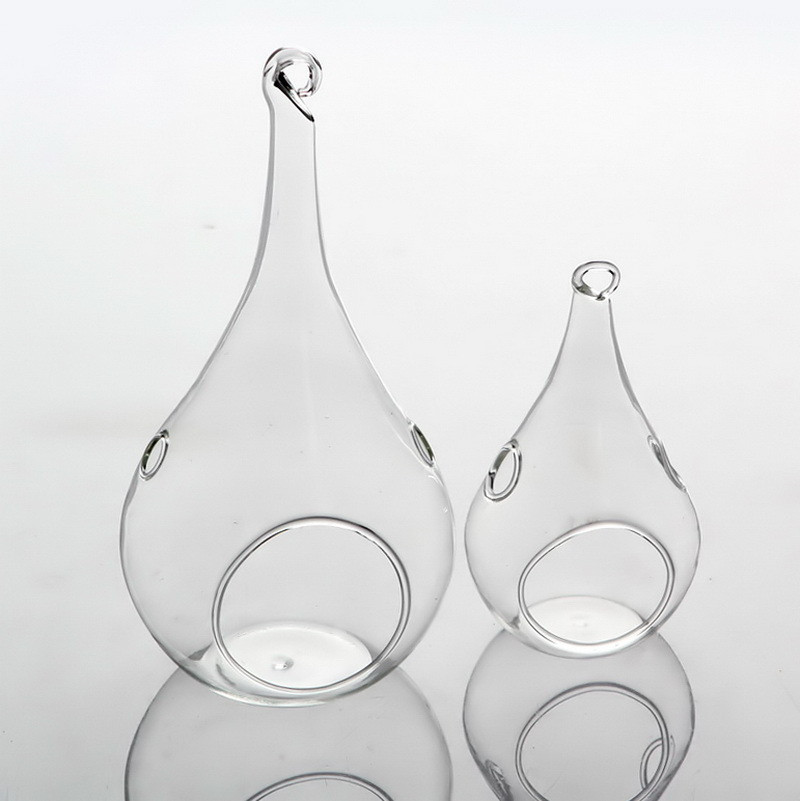 4 Pack of Hanging Clear Glass Tealight Candle Holder Tear Drop Pear Hour Glass Shape - 20cm High Terrarium Plant Mini Garden Holder Decoration Craft