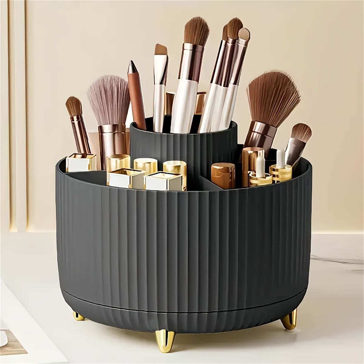 360 Degree Rotating Makeup Organizer Plastic Makeup Organizer 5 Compartment - Beige - Size 01 — image 5