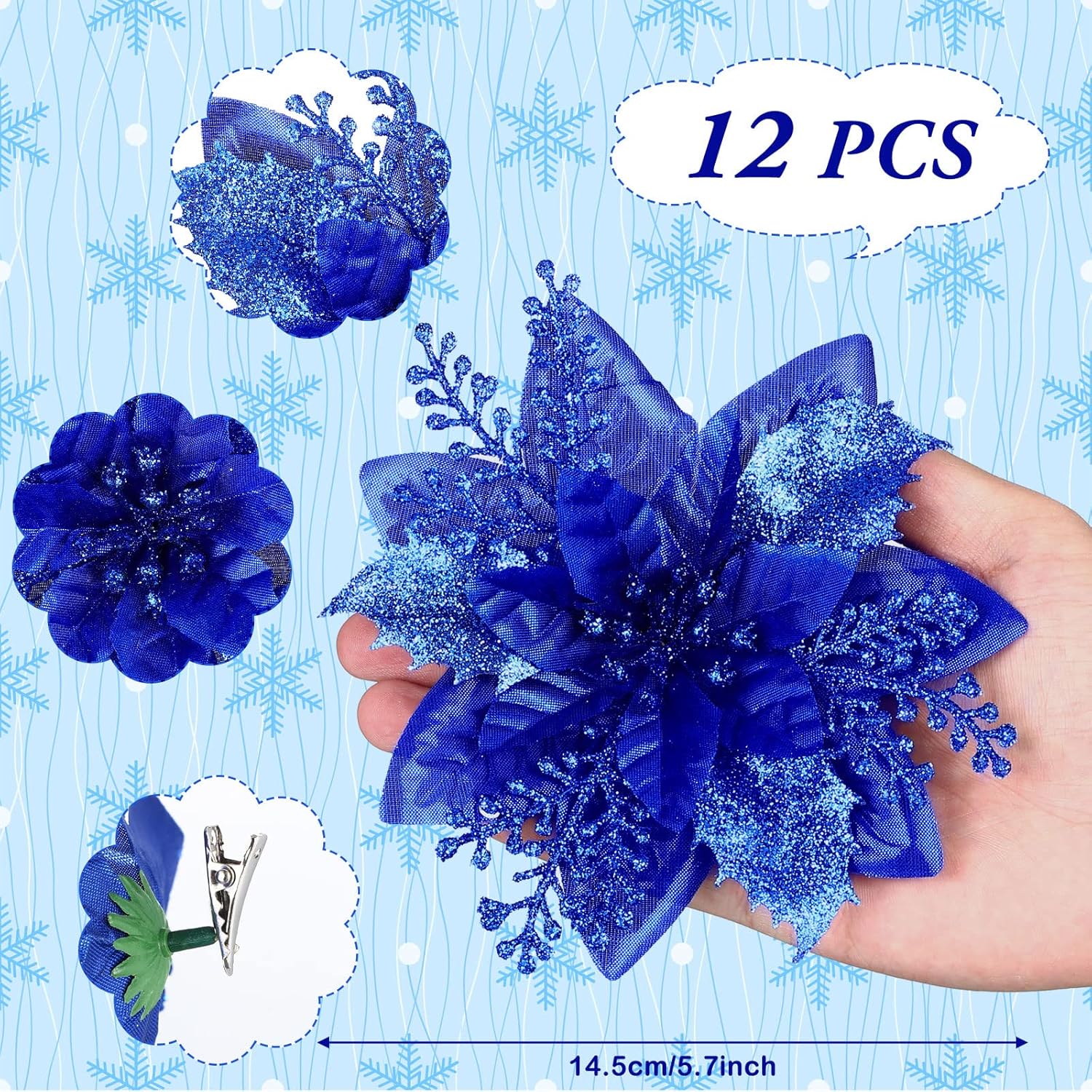 12 Piece Royal Blue Christmas Decorations Set with Glitter Artificial Flowers Clips for Tree Wreaths Home Festive Ornaments โ image 3