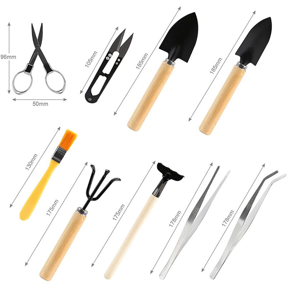 10 Pcs Gardening Bonsai Tools Set Succulent Garden Hand Tool Kit Plant Tool with Shovels Rakes Fork Scissor Cleaning Brush — image 2