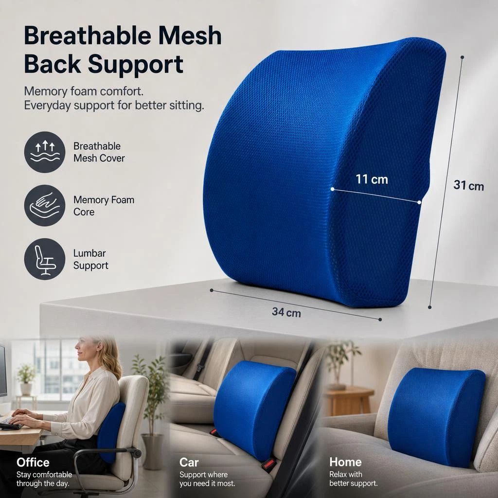 Ergonomic Lumbar Pad 45 × 36 × 7, Breathable Mesh Blue, Fix Sitting Posture