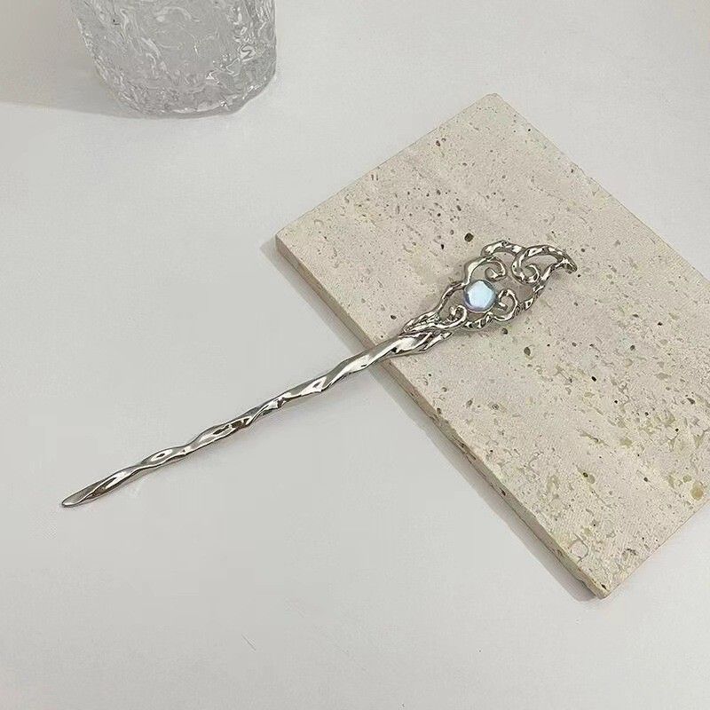 Chinese Hair Stick Moonstone Hairpin With Cloud Pattern Coiffure Hairpin for Women Lady, 1 Count (Pack of 1), Silver — image 5