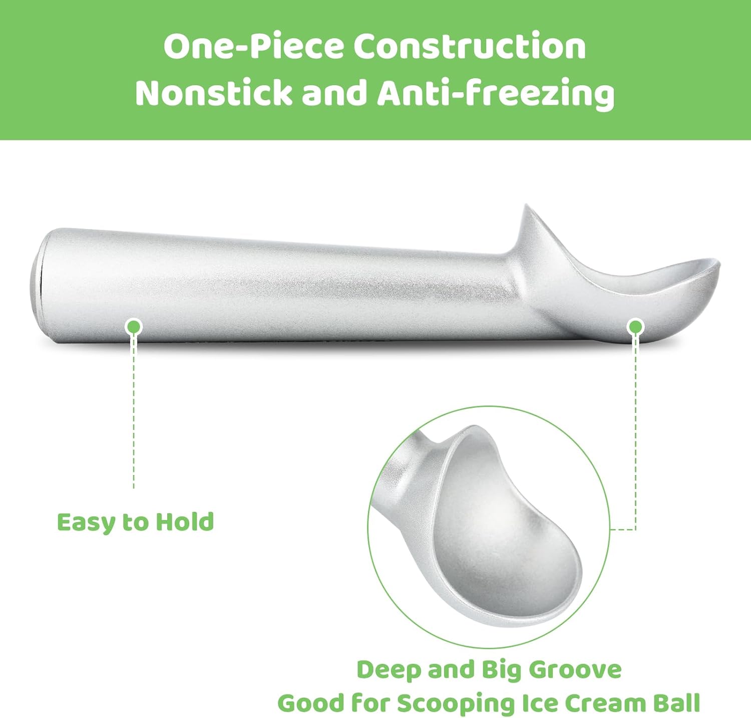 Ice Cream Scoop,7 inches Nonstick Anti-Freeze One Piece Aluminum Scooper Spoon, Heavy Duty Durable Design, Easy Clean, for Gelato, Cookie Dough, Sorbet, Almond — image 4