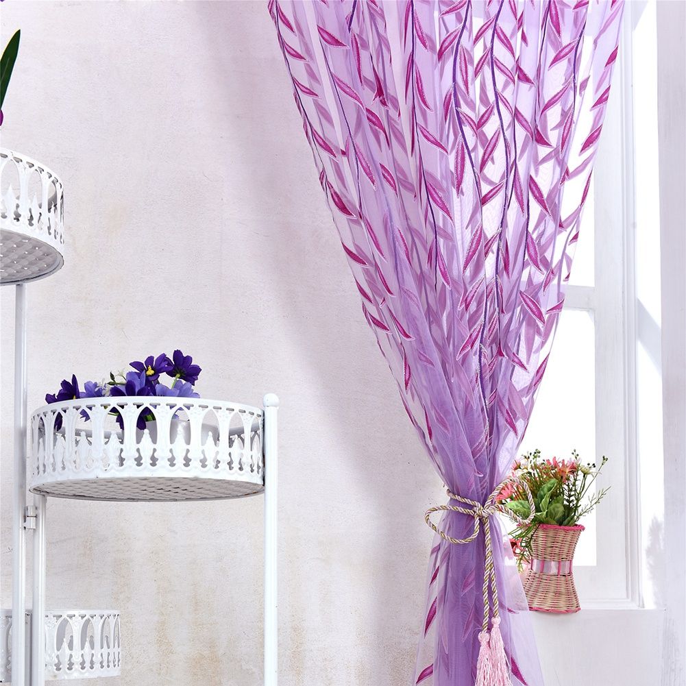Wicker Print Sheer Vintage Embroidery Voile Window Panels for Bedroom Purple 100 x 200 cm — image 6