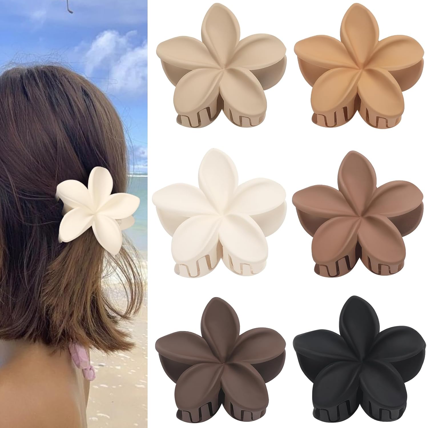 Hawaiian Plumeria Flower Claw Hair Clips - 6 Pcs Large for Thick Hair and Thin for Beach, Hair Accessories for Women and Girls - Khaki — image 3