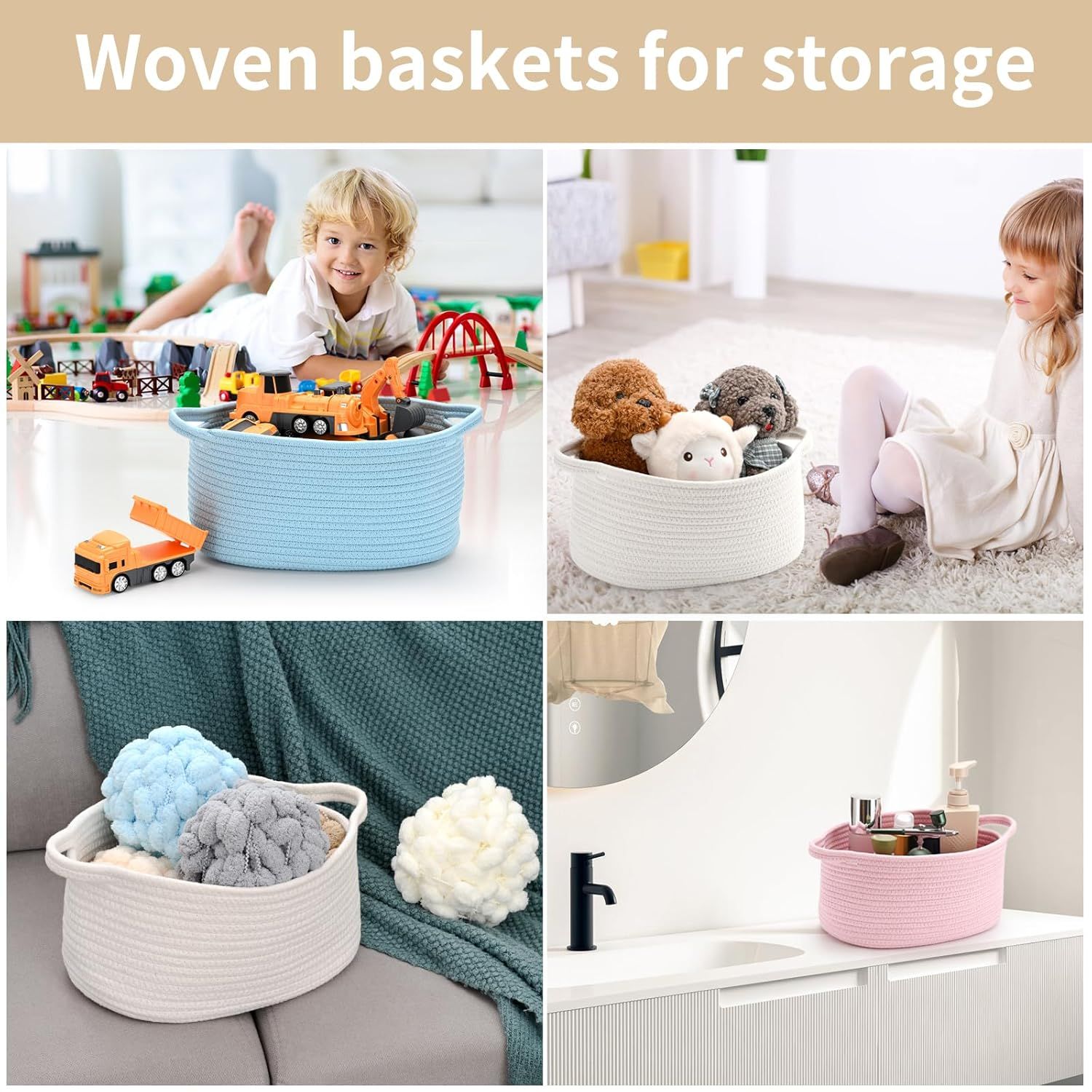 1 Piece Cotton Rope Basket with Handles Blue, 30 x 20 x 12 cm — image 4