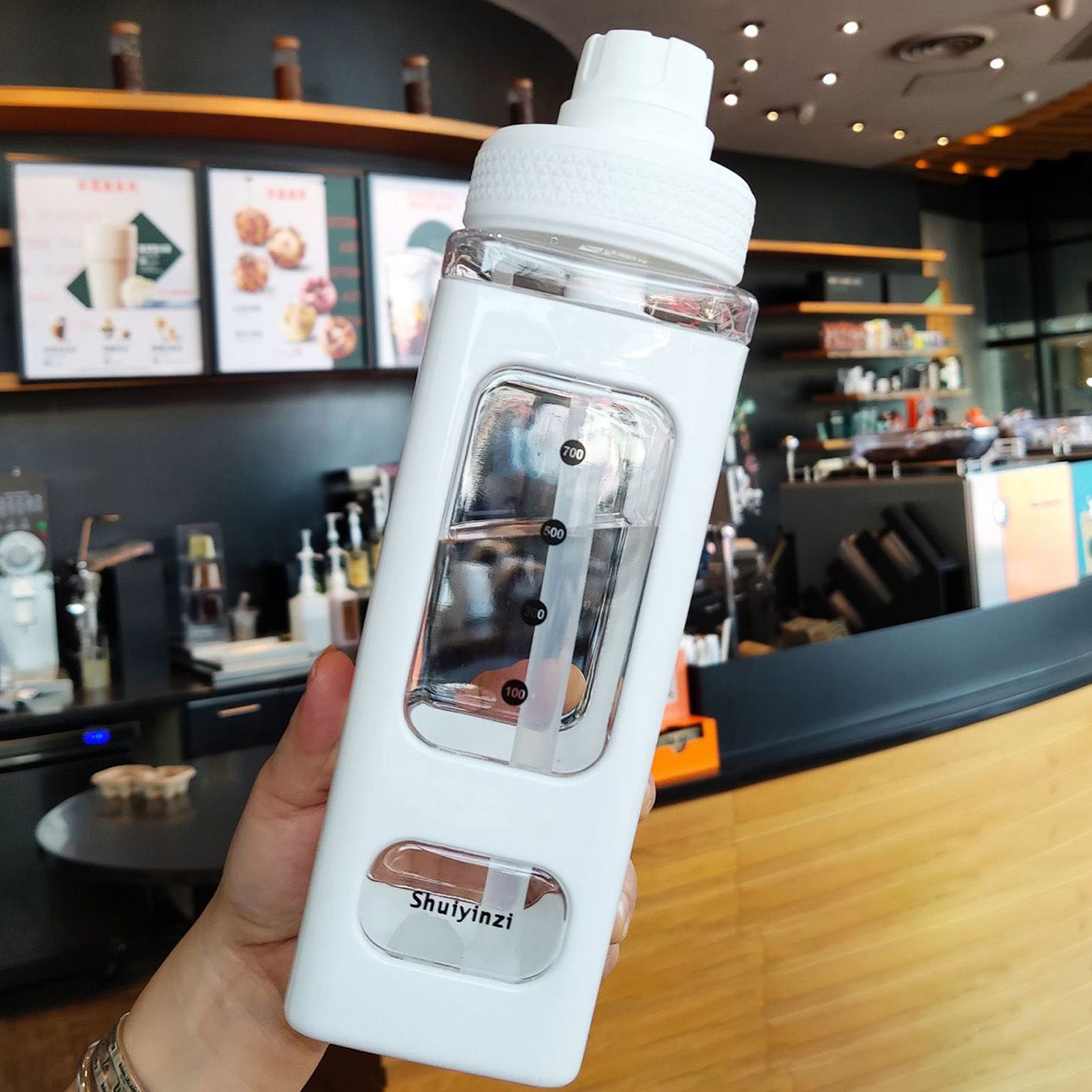 Straw Water Bottle with Marker 700ml Large Capacity Double Layer Water Jug for Home Gym School White — image 5