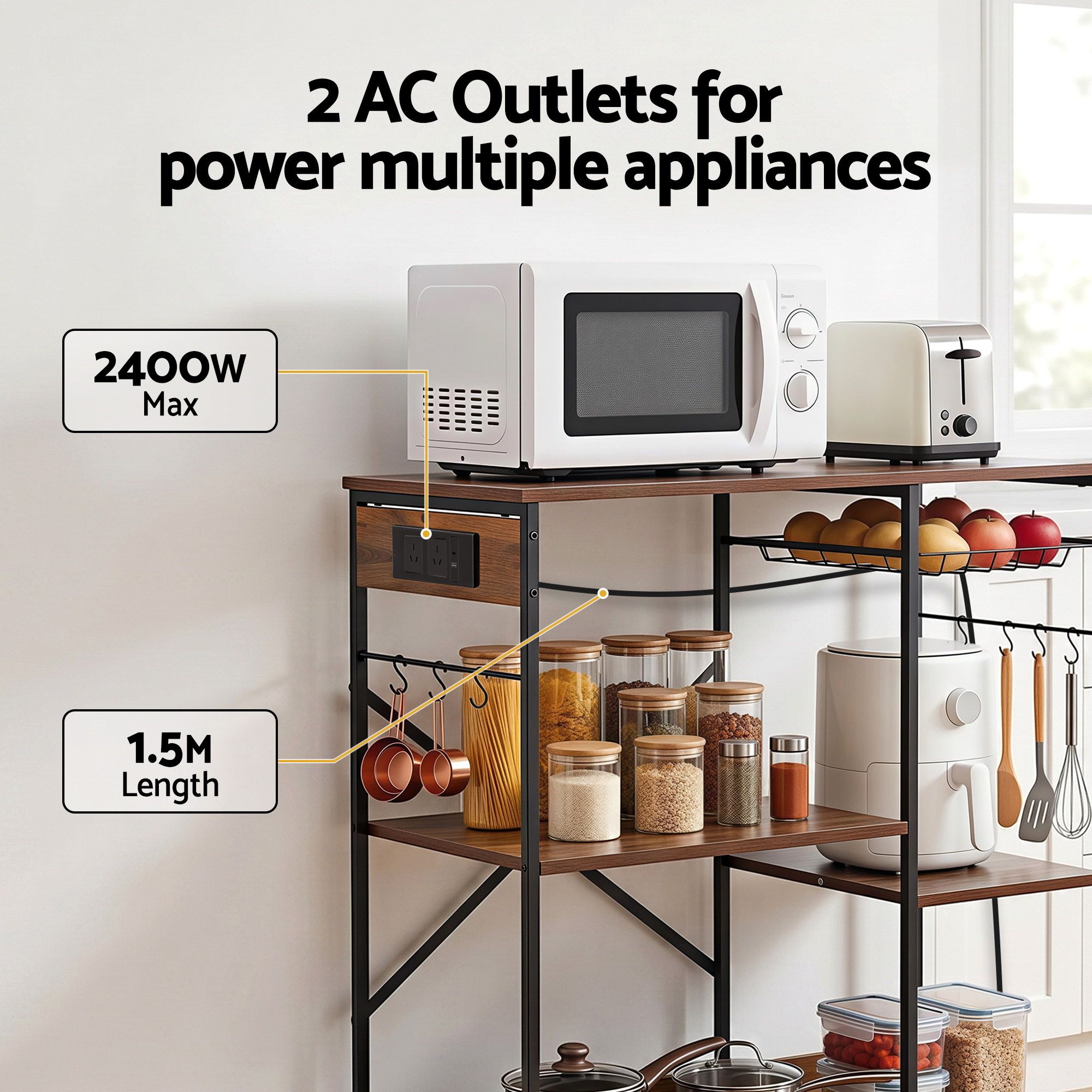Artiss 3-Tier Kitchen Rack with 2 Power Outlets Microwave Storage Shelf 6 Hooks 90CM โ image 6
