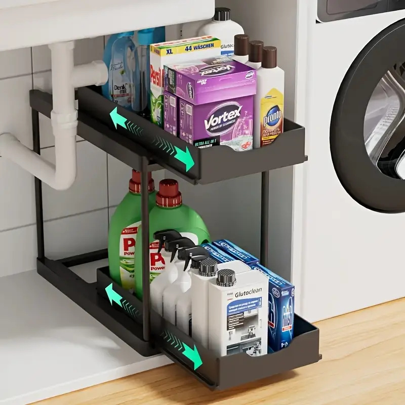 BLACK Two-tier pull-out storage rack. An organizational lifesaver for under the kitchen sink. Features adjustable shelves for easy storage of bottles and jars — image 6