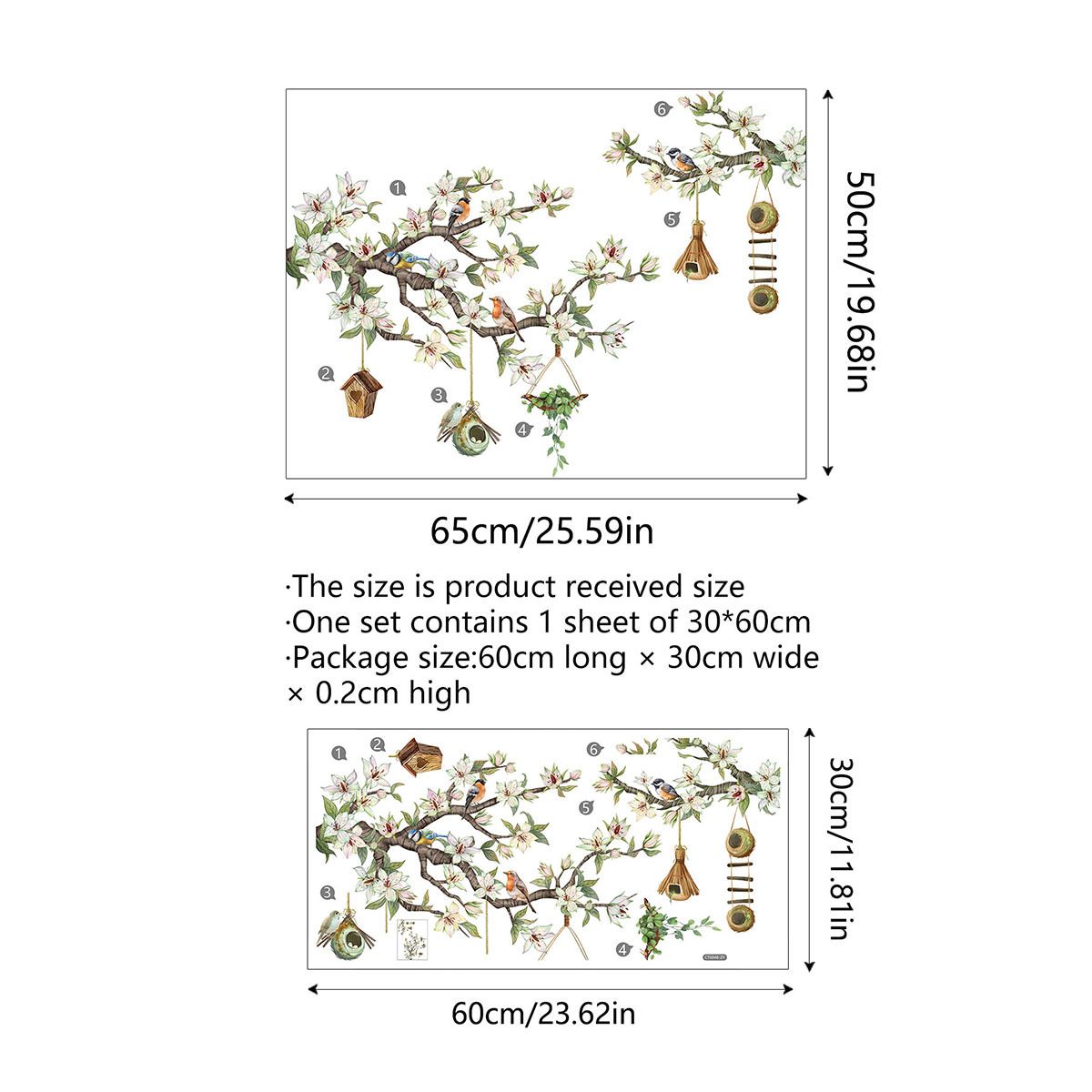 Watercolor Birds on Cherry Blossom Branches Window Clings Stickers Green Leaf and Cute Bird Nest Decor DIY Flowers Decals — image 3