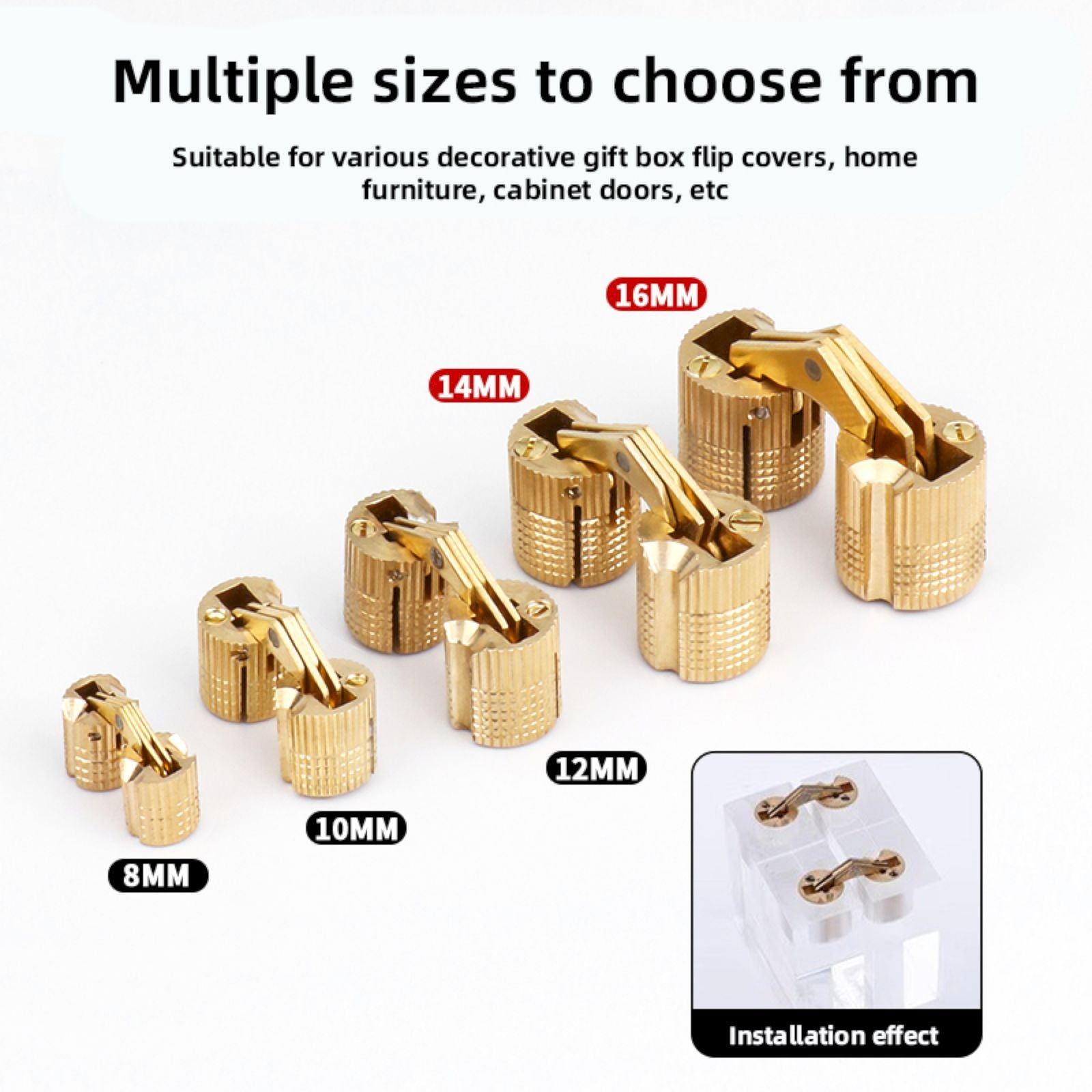 One Way Copper Concealed Hinge 8 16Mm Brass Barrel Hinges Cabinet Furniture Hinges Concealed Hidden Barrel Hinge for Diy Wooden Doors Cabinet Doors Jewelry Box — image 3