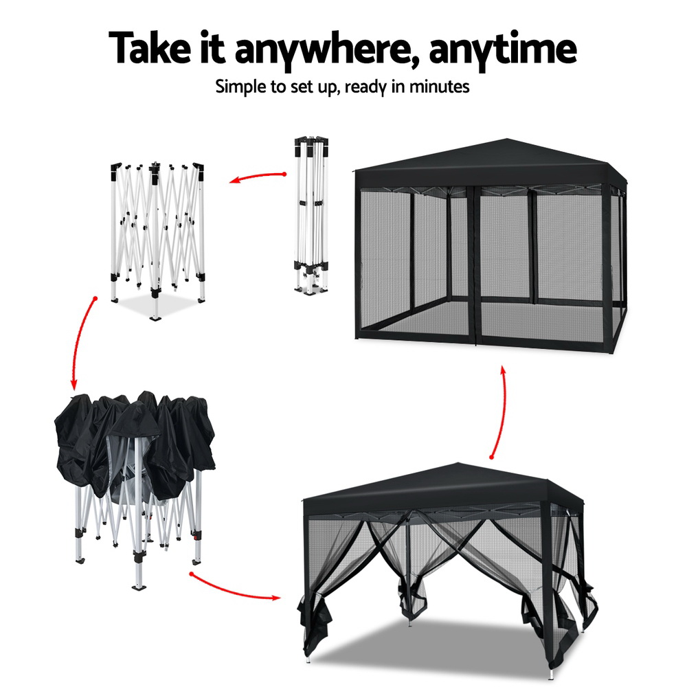 Instahut Gazebo Pop Up Marquee 3x3m Wedding Party Outdoor Camping Tent Canopy Shade Mesh Wall Black โ image 4