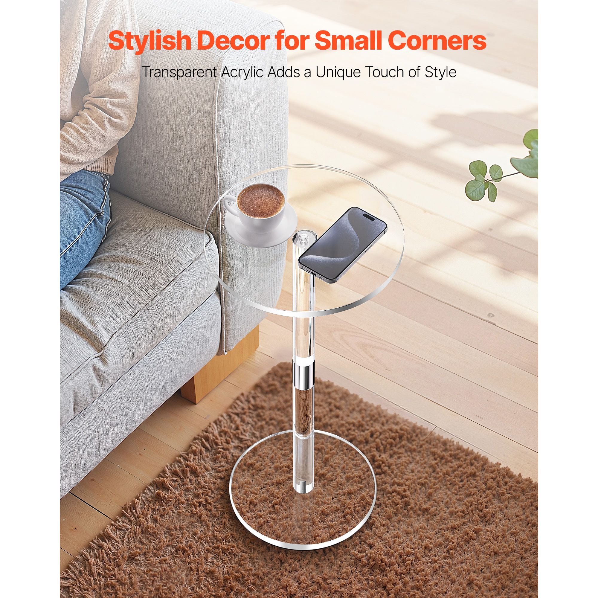 Acrylic Drink Table, Clear End Table Round Top with Solid Post, Modern Acrylic Cake Table Stand, Transparent Side Desk for Coffee, Drink, Food, Snack, Easy — image 2