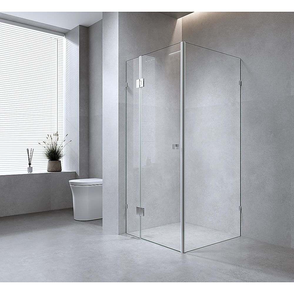 100x100cm Corner Frameless Shower Screen with Gunmetal Wall Channel and Floor F-Bracket and Brass Hinges, Square Double Pull Handle