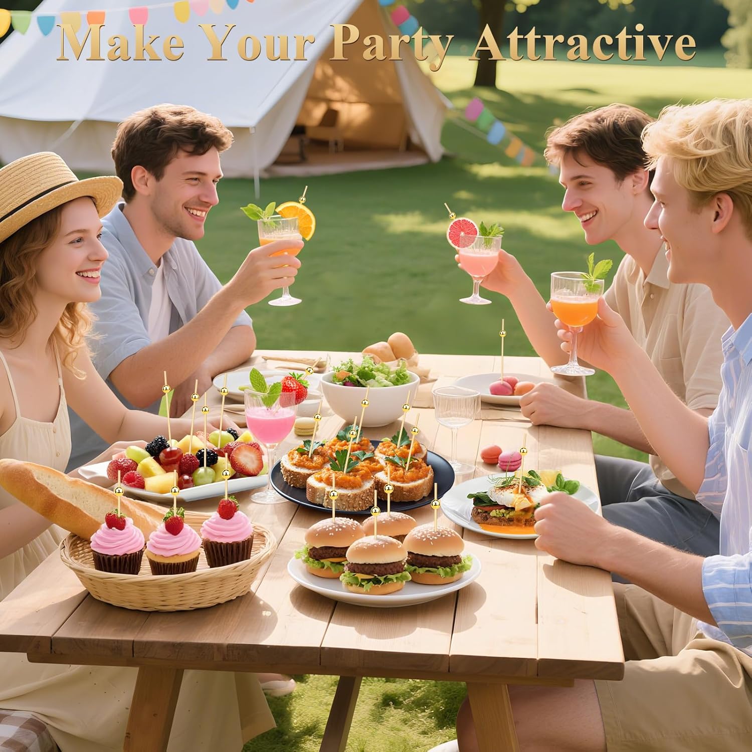 [300PCS] Cocktail Picks, Fancy Toothpicks for Appetizers Drinks Food Fruit, 4.7 IN Long Decorative Bamboo Skewers, Gold Pearl Wooden Garnish Sticks for — image 5
