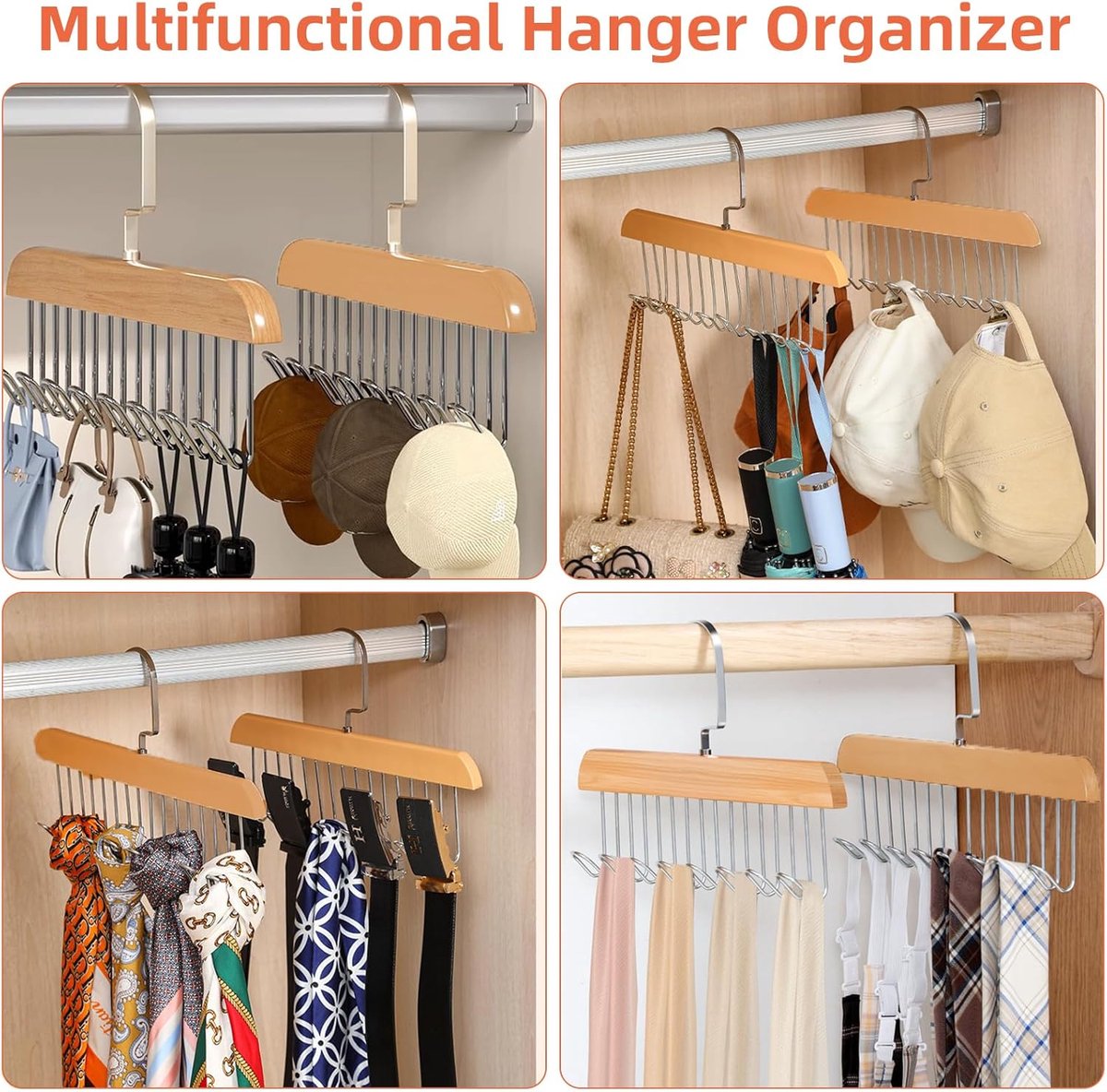 2 pieces - Clothes hanger - belt holders - scarf rack - bra holders - tie hangers for the closet - wooden bra hangers - with 8 hooks - 360° rotatable tank top — image 4