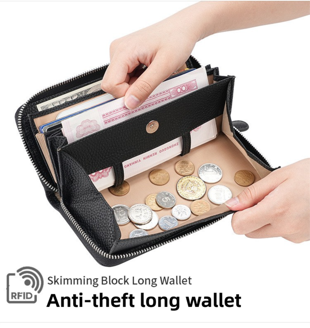 Pink Genuine Leather Women's Long Wallet with RFID Blocking & Hidden NFC - Large Capacity Phone Purse with 180° Zipper Closure, 18 Card Slots, Coin/Cash — image 2