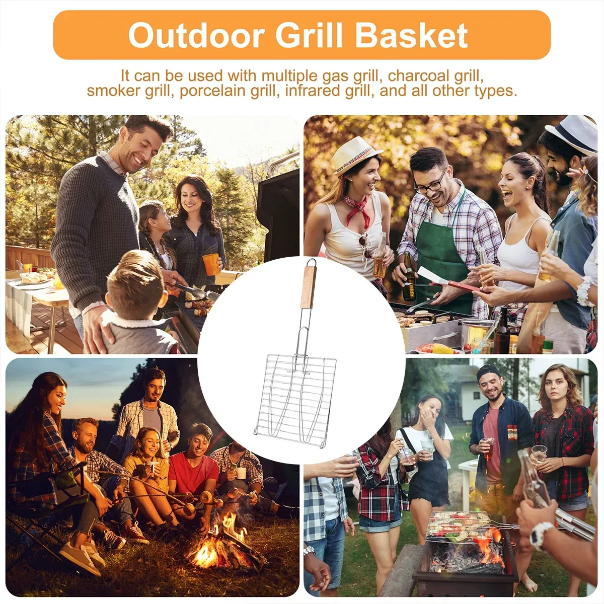 Barbecue Net Clamp Iron Wire Mesh with Wooden Handle for Camping Grill - 43x15cm โ image 5