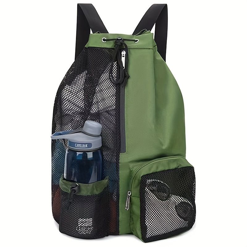 Mesh Drawstring Swim Bag - Large Capacity 20-35L Beach Backpack with Wet Pocket - Breathable Sports Sack for Gym Swimming Travel - Green