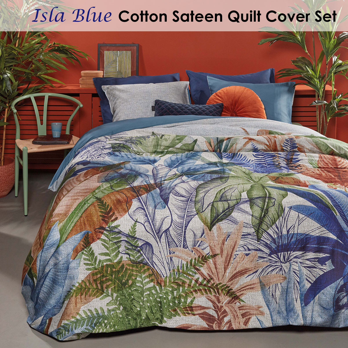 Bedding House Isla Blue Cotton Sateen Quilt Cover Set King โ image 2