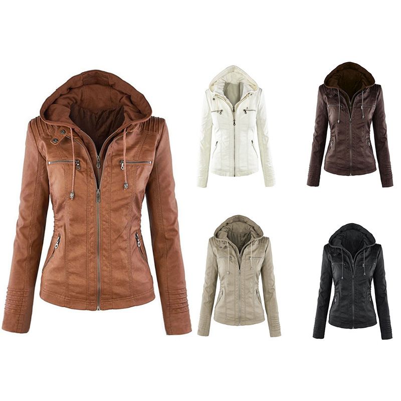 Women PU Leather Jacket Solid Zipper Hooded Streetwear Black 4XL โ image 3