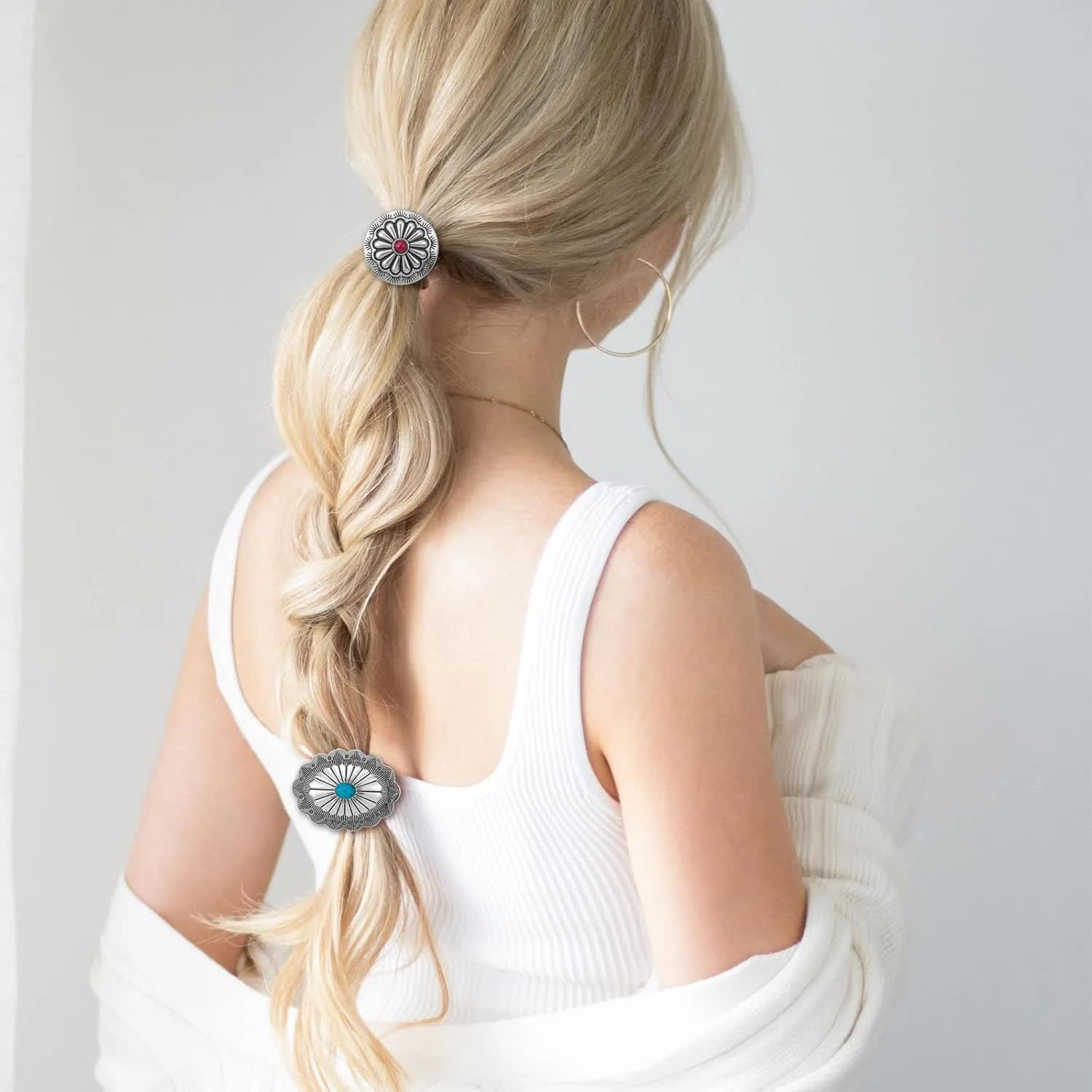 6 Pcs Western Ponytail Holders Metal Boho Hair Ties Flower Circular Hair Ropes Vintage Turquoise Concho Squash Blossom Hair Bands Decoration Accessories for — image 3