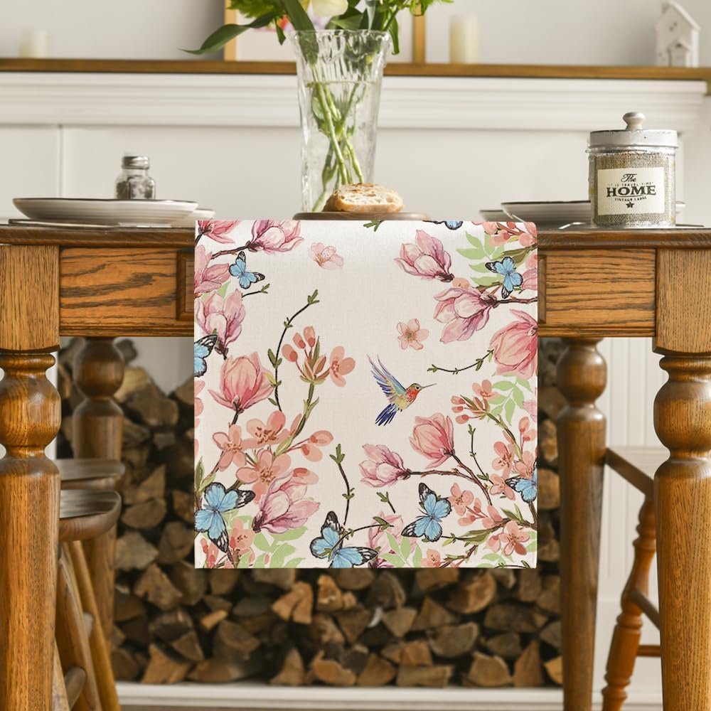 Flowers Bird Butterfly Spring Table Runner, Seasonal Kitchen Dining Table Decoration for Home Party Decor 13 × 72 Inch — image 2