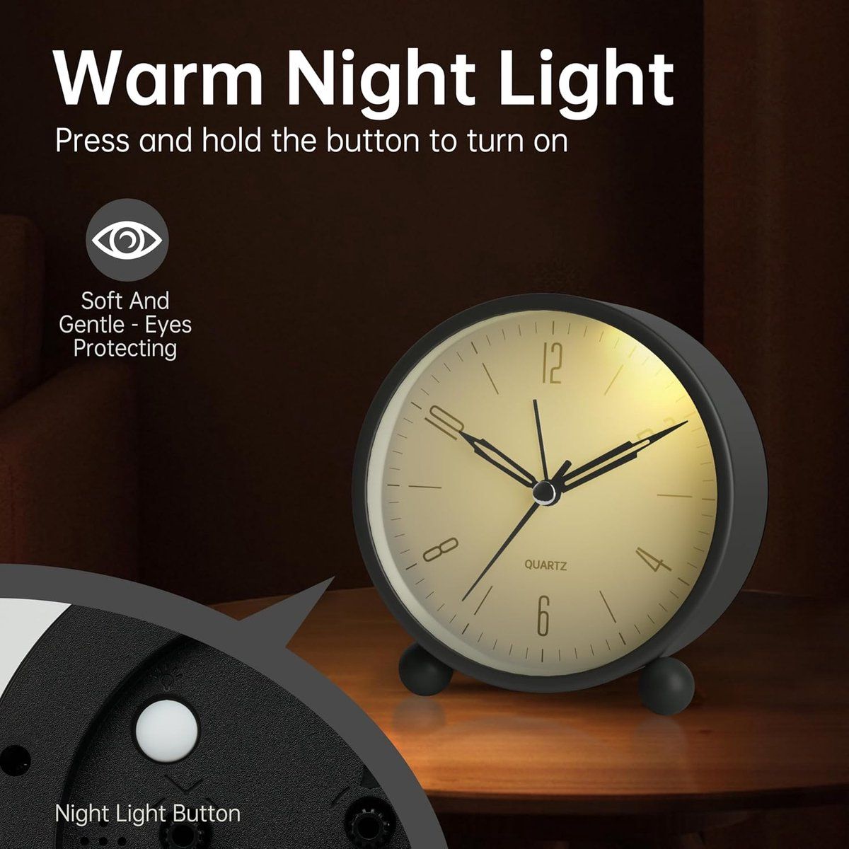 4-Inch Black Silent Analog Alarm Clock with Night Light, Compact Battery-Operated Bedside Clock — image 2