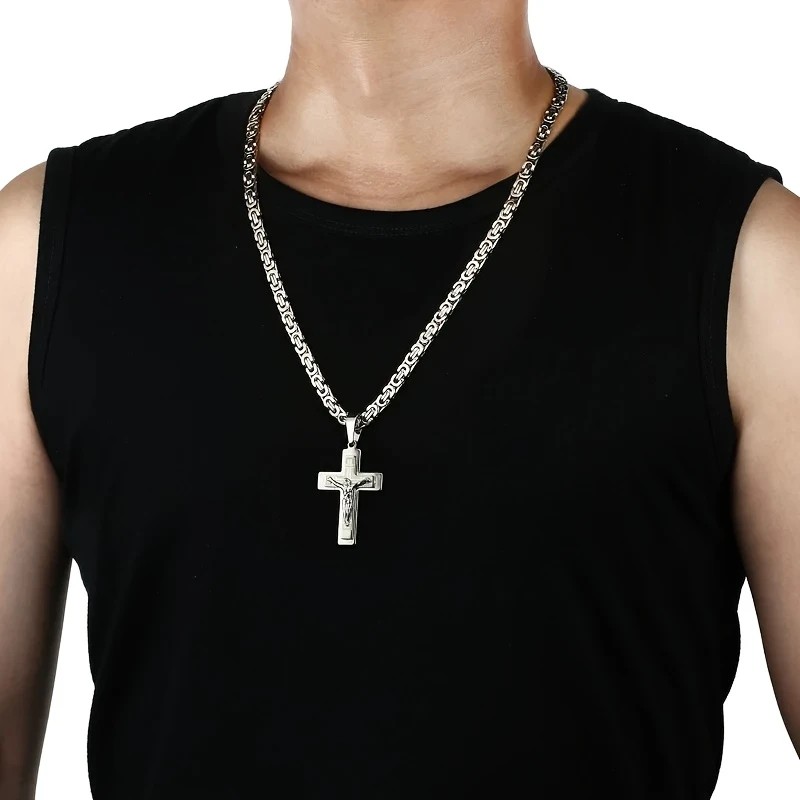 Trendy Gold-Plated Cross Men's Pendant, paired with a Cuban chain—a bold, personal expression of faith.silver — image 4