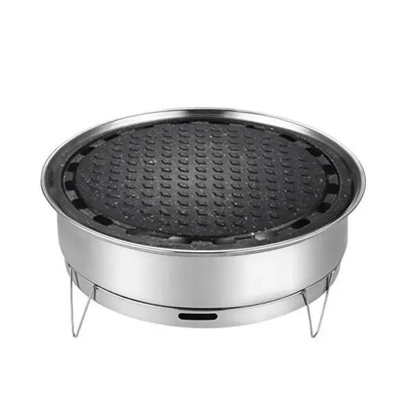 1 Piece Portable Korean BBQ Grill, Stainless Steel Round Grill with Maifan Stone Plate for Camping and Picnics