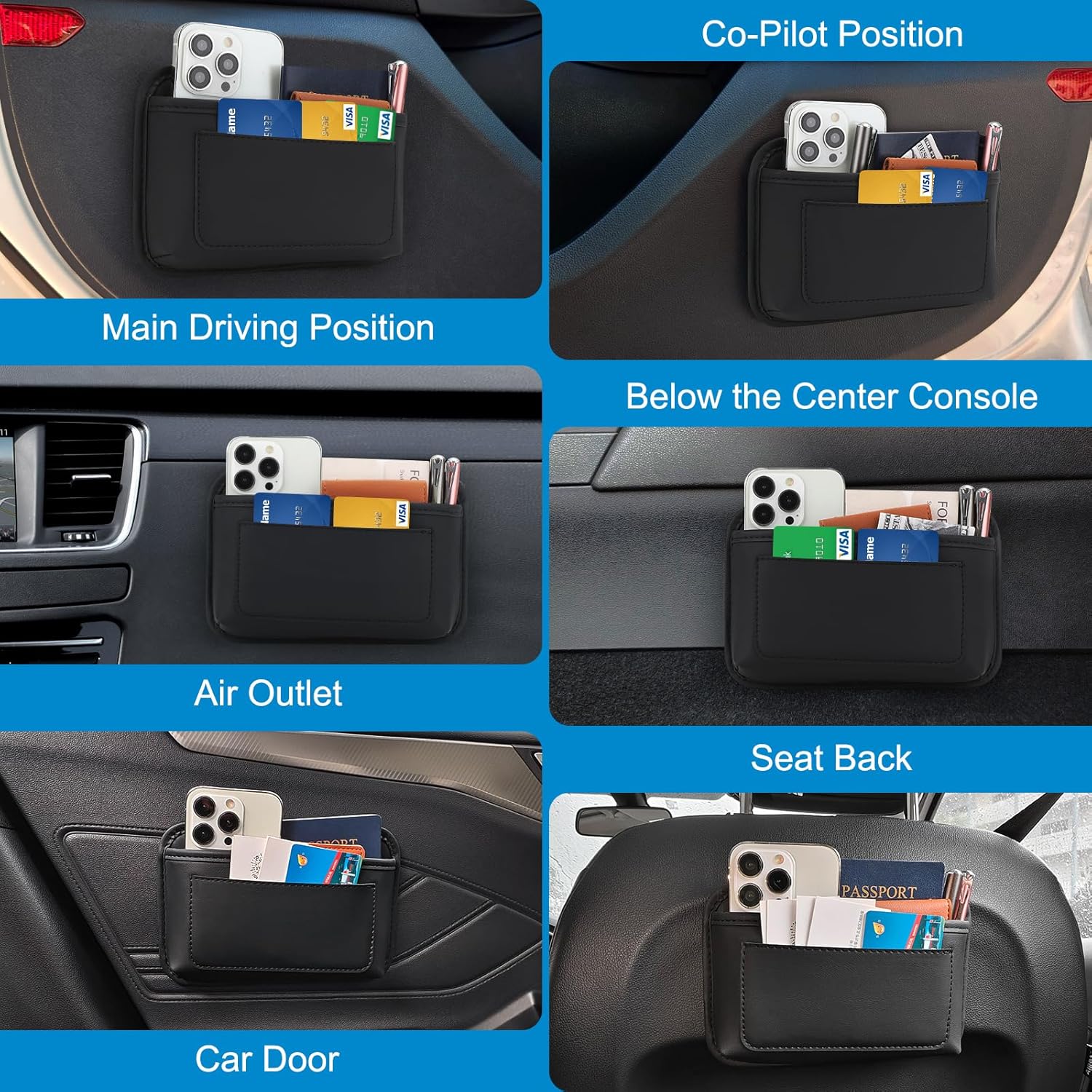 Universal Car Side Pocket Organizer, PU Leather Car Pocket Pouch Cell Phone Sunglasses Holder, Car Phone Pocket Organizer Accessories for Car Seat, Door β image 6