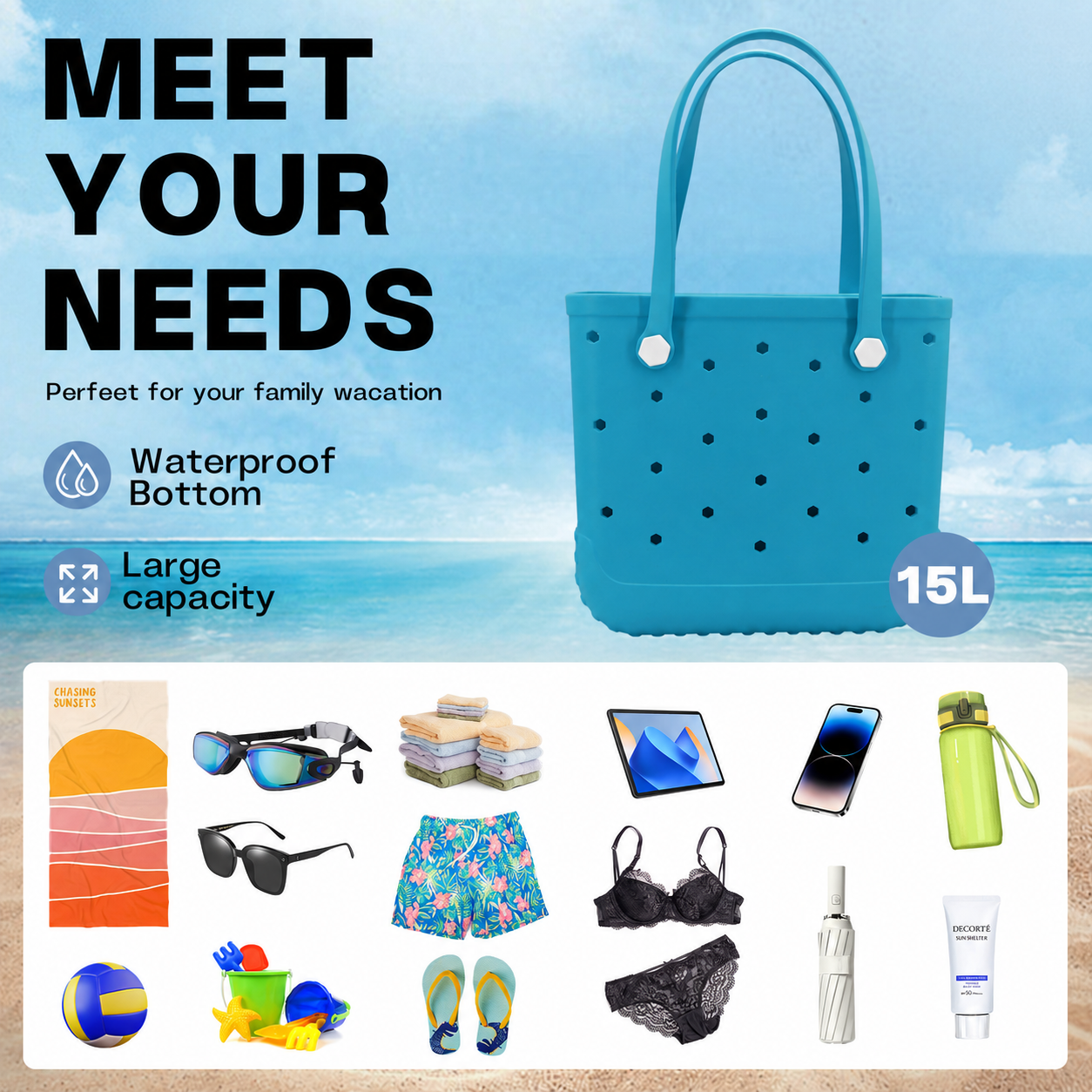 Waterproof Hexagon Mesh Beach Bag - Large Capacity Travel Storage Tote for Swimwear Towel Sunglasses - Lake Blue Medium 37x32x13cm — image 4