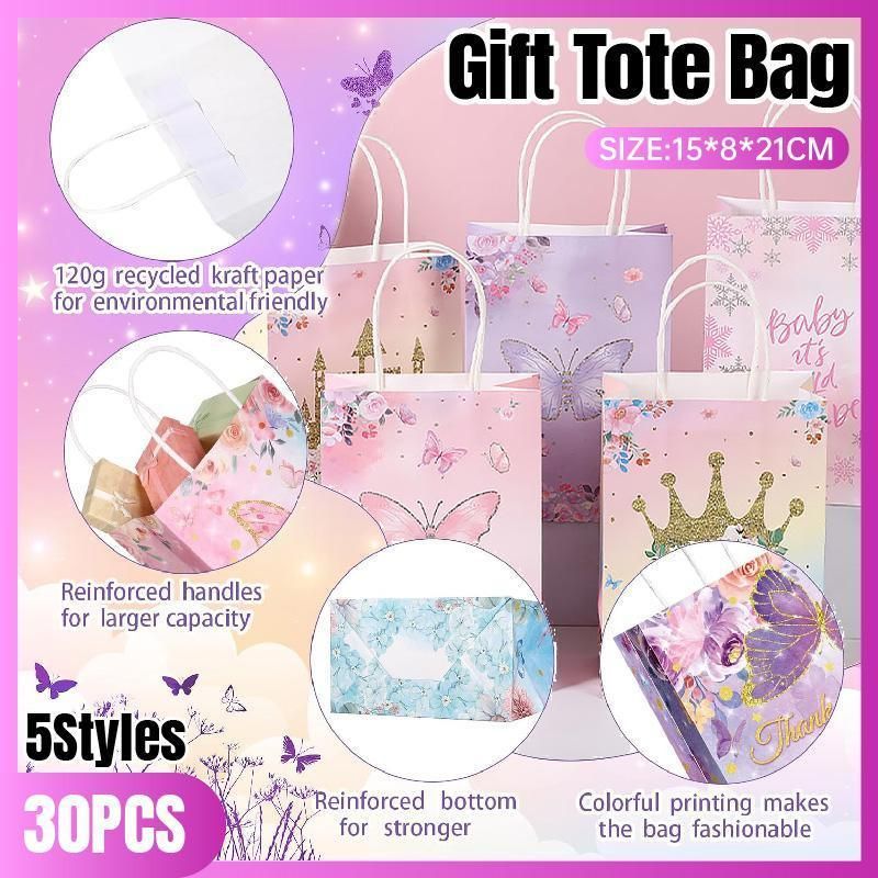30pcs Pink Romantic Flower Tote Bag Cowhide Paper Elegant Design Gift Bag - Purple โ image 2