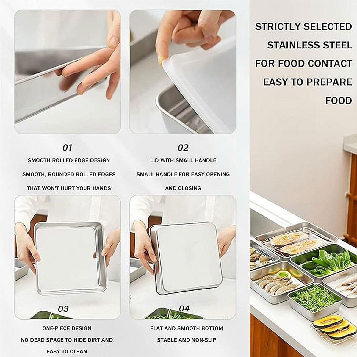 2PCS Stainless Steel Square Food Tray With Lid Rectangular Storage Box Plate โ image 6