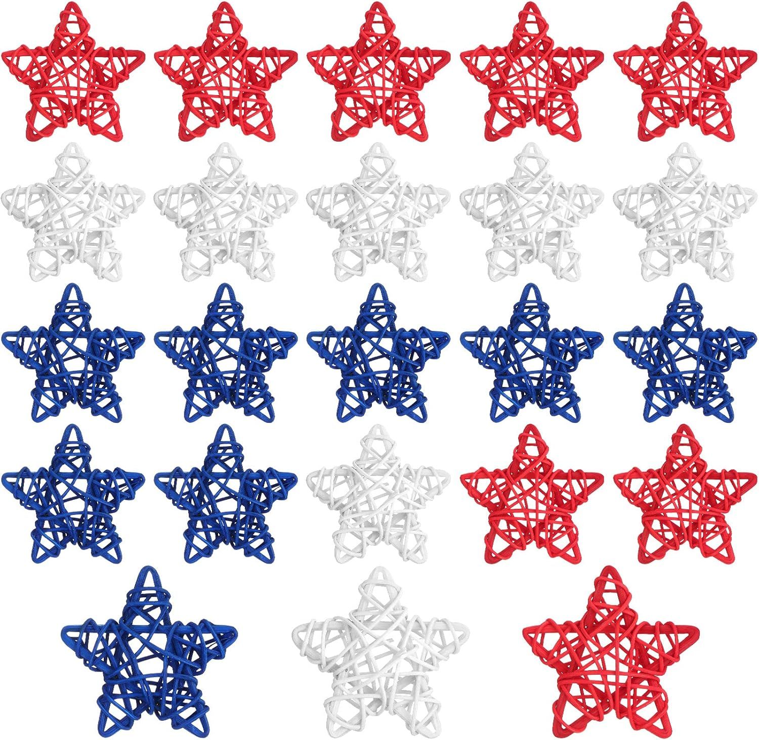 24 Pcs 4th o July Natural Rattan Stars Decoration 250th Anniversary Memorial Day Patriotic Red White Blue Wicker Rattan Stars or Vase Bowl iller Home DIY Crat
