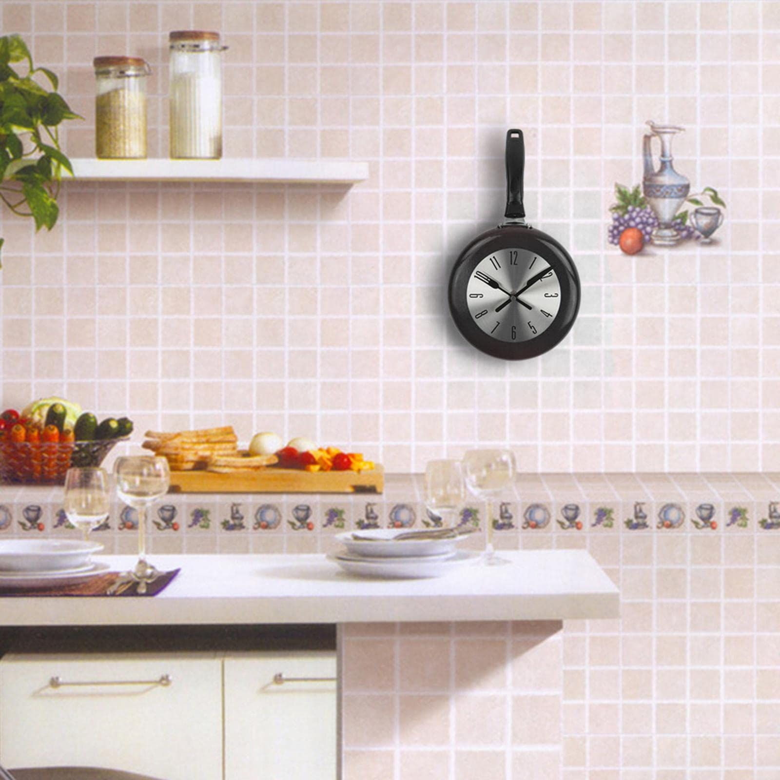 Wall Clock, 8 inch Metal Frying Pan Kitchen Wall Clock Home Decor - Kitchen Themed Unique Wall Clock with (Black) — image 3