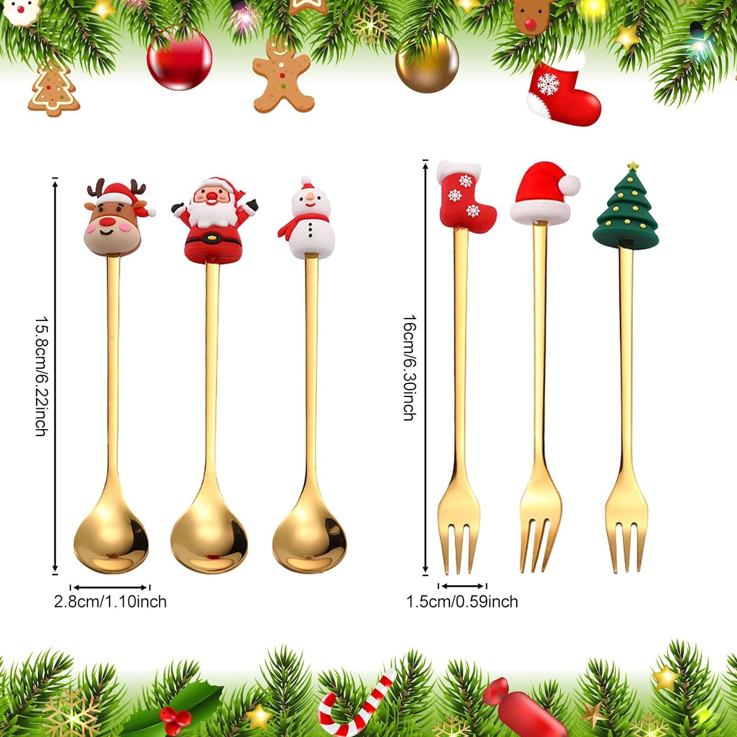 Stainless Steel Christmas Coffee Spoon and Xmas Dinner Forks Set Dessert Spoon Stirring Spoon, Cake Forks Gifts, Gold 6Pcs โ image 4