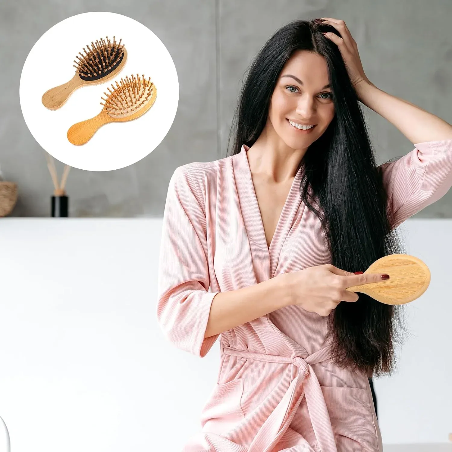 2 Pcs Mini Bamboo Hair Brush Set, Anti Static Detangling Scalp Massage Pocket Comb for Daily Hair Care, Natural Wood — image 6