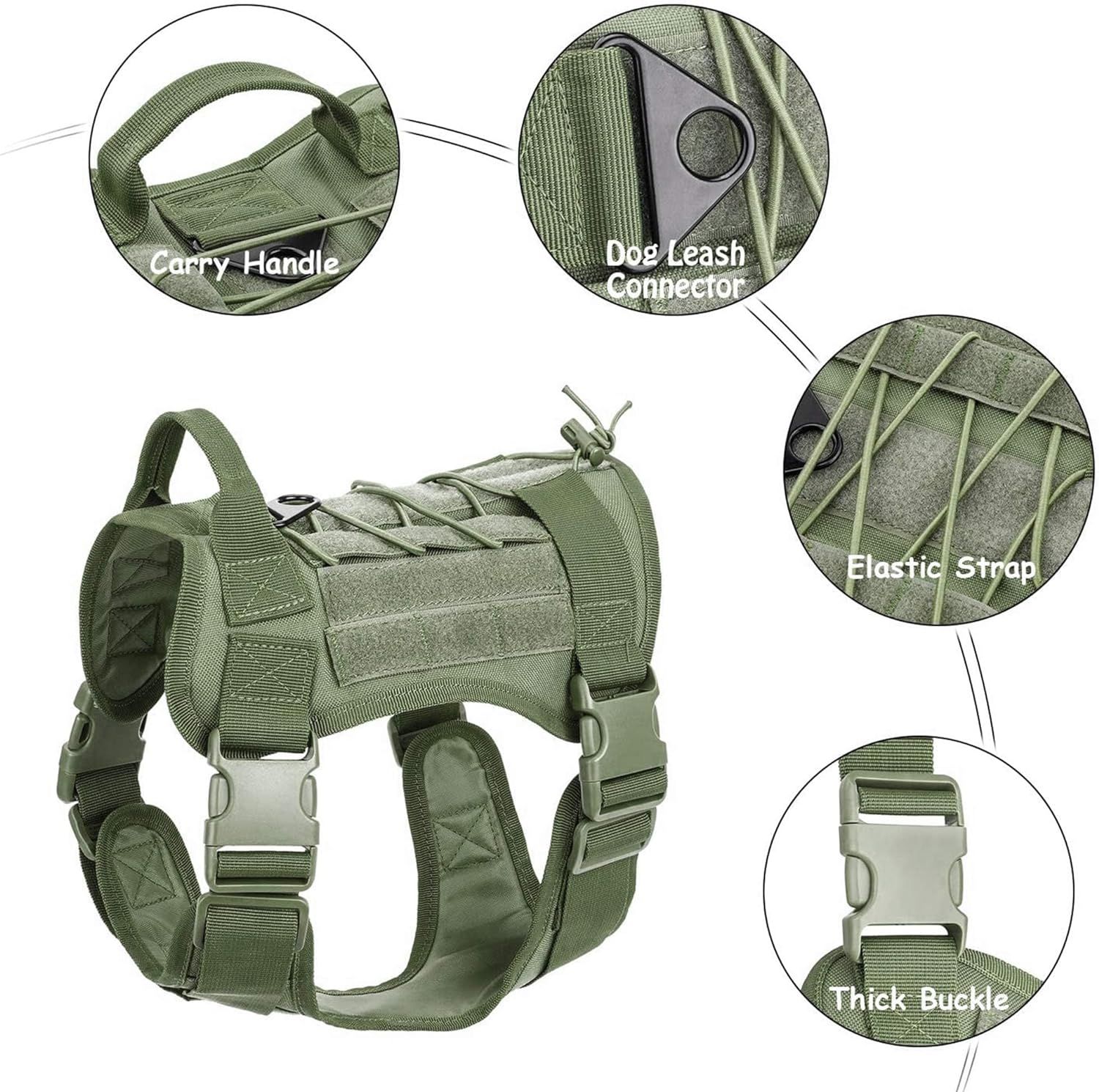 Tactical Dog Harness Vest with Handle, Hiking Hunting Walking Dog Vest Adjustable Training Working Nylon Harness(Green, L) — image 3