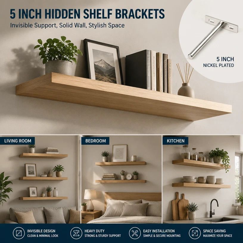 5" Nickel Hidden T Shelf Bracket 2Pcs w/ 5x60&5x80 Screws