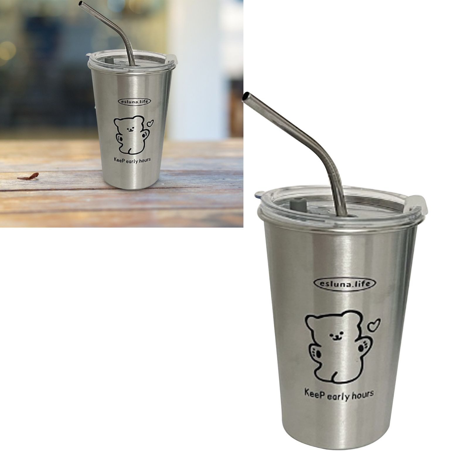 Stainless Steel Cold Tumbler 500ml with Metal Straws Lid Iced Coffee Travel Mug for Coffee Water Tea Happy Bear โ image 6