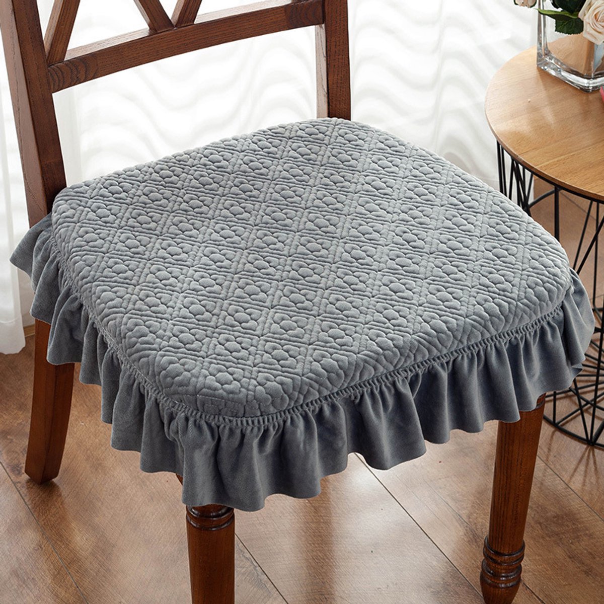 Ruffle Solid Chair Cushion - Firm Farmhouse Chair Cushion with Ruffles - Removable Seat Cushion with Locking Option for Wooden Dining Chairs (Dark Gray, 17.7 ×