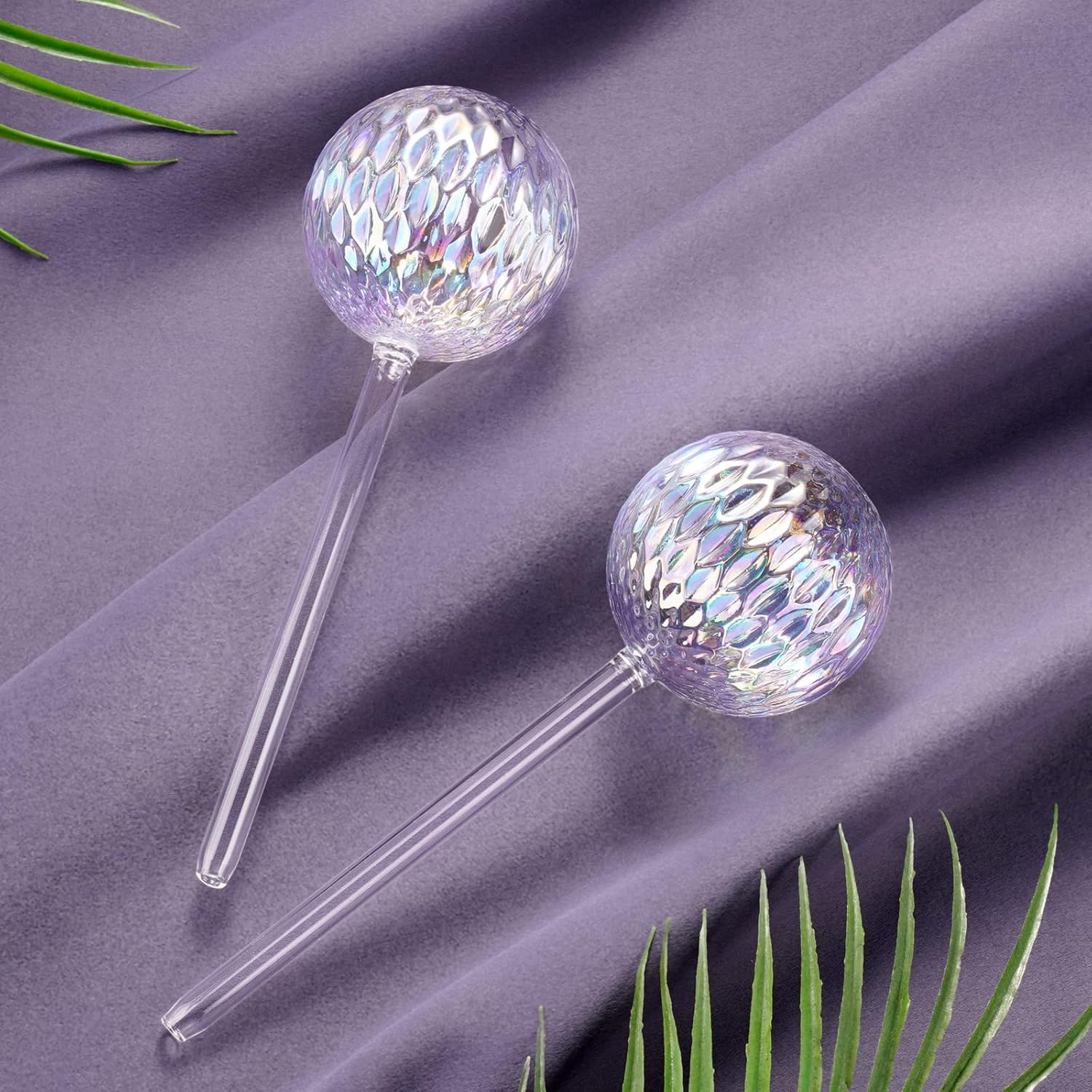 Glass Self-Watering Plant Balls, 2-Pack, Pearlescent, Clear Iridescent, Plant Watering Device, Diamond Pattern, Self-Watering Balls, Planter Insert, Decorative โ image 5
