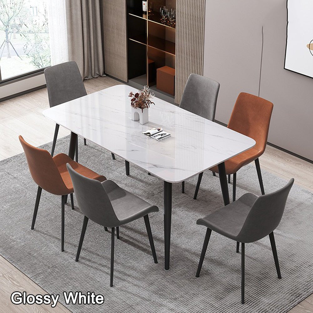 Glossy White Minimalist Slate Kitchen Dining Table Marble Lunch Dinner Table Solid Metal Legs 120x60cm